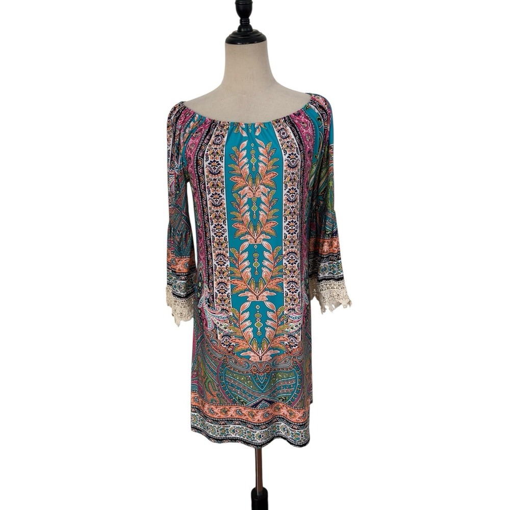 Vtg 90s Now N‎ Forever Boho Paisley Dress Lace Sleeve Sz S Y2K Festival